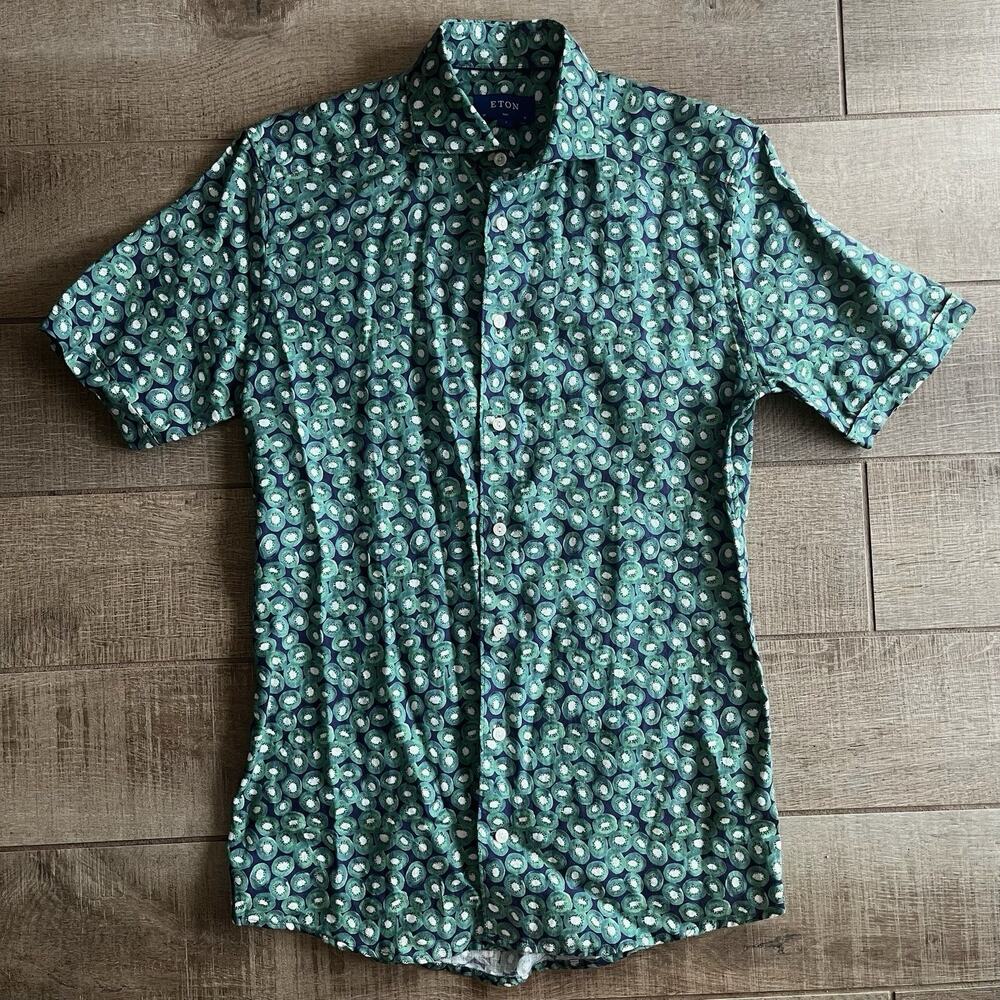 Eton 100% Linen Short Sleeve Button Up Shirt Green Blue Kiwi Print Sz 38 15